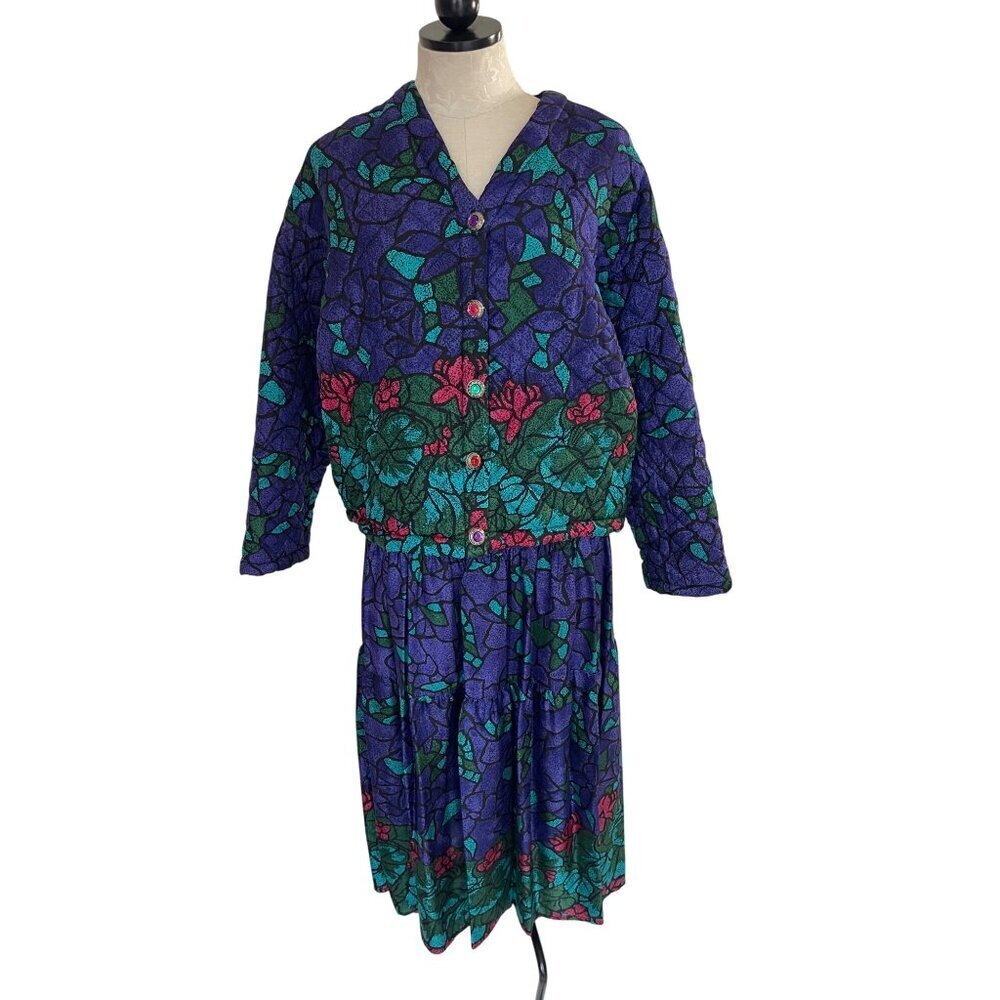 Carole Little Sport Vintage Womens Skirt Jacket Set Size 8 Multicolor Pure Silk